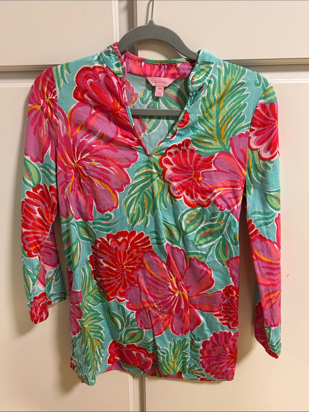 Lilly Pulitzer Aqua Pink Red Floral Tunic Top Vintage XS